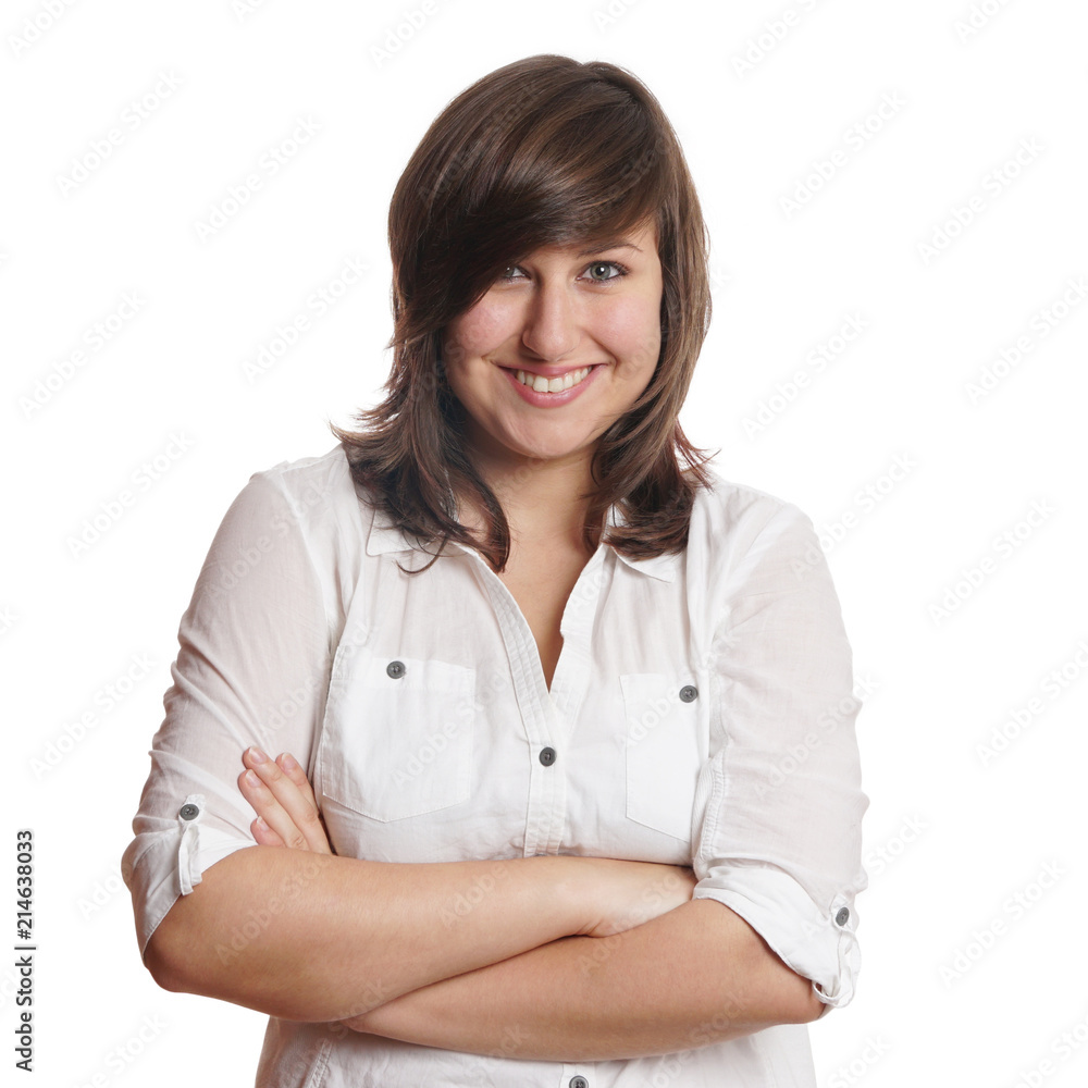 happy young woman with toothy smile isolated on white happy young woman with toothy smile isolated on white