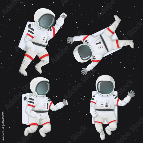Set of astronauts flying in space in different poses. Waving, giving thumbs up, raising fist and flying with limbs akimbo.