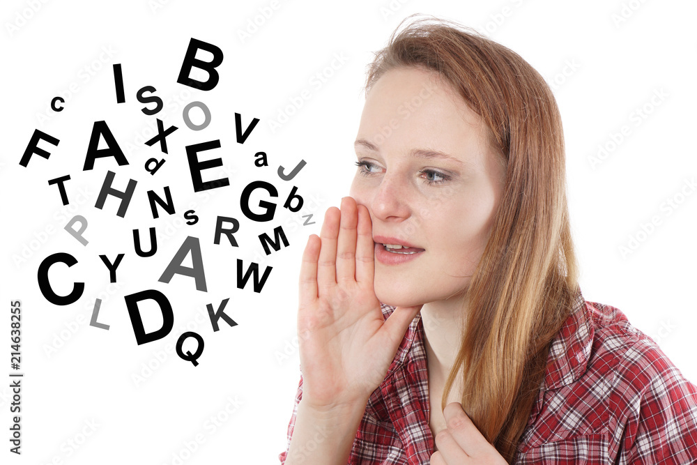 young woman is talking gibberish or gobbledygook young woman is talking gibberish or gobbledygook