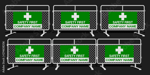 Set of white wire steel barrier with safety sign on transparent background