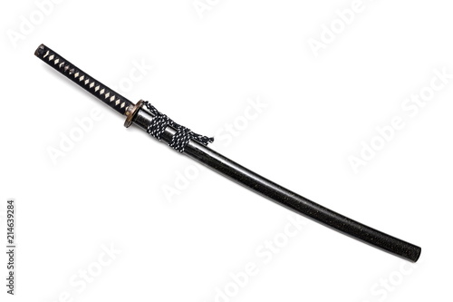 Black Japanese sword and scabbard with black-white cord on scabbard  isolated in white background.