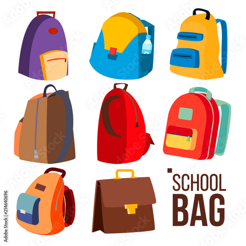 School Bag Set Vector. Different Types, View. Schoolchild, Kids Backpack Icon. Education Sign. Back To School. Isolated Flat Cartoon Illustration