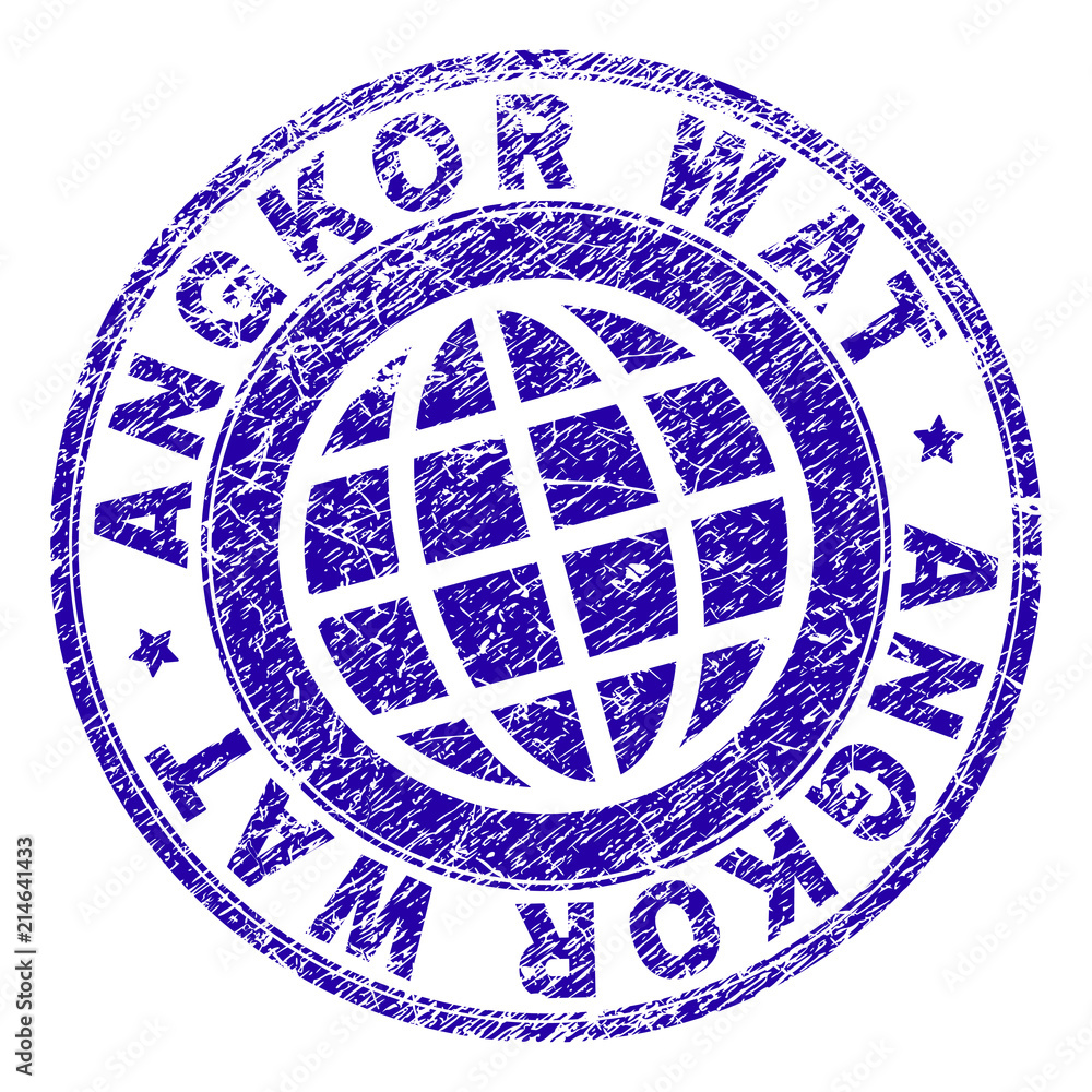 ANGKOR WAT stamp watermark with grunge texture. Blue vector rubber seal imprint of ANGKOR WAT tag with dirty texture. Seal has words arranged by circle and planet symbol.