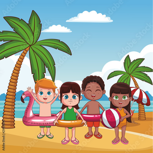 Cute kids having fun at beach cartoons vector illustration graphic design