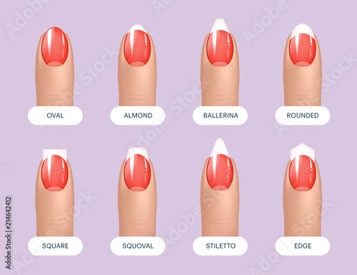 Set of simple realistic red manicured nails with different shapes. Vector illustration for your graphic design.