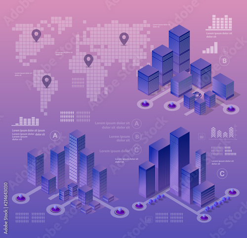 Isometric ultraviolet city of violet colors 3d building modern town street, urban road architecture. Vector illustration map of isometry for the business design concept.