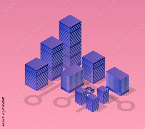 Isometric ultraviolet city of violet colors 3d building modern town street, urban road architecture. Vector illustration map of isometry for the business design concept.