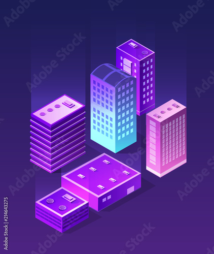 Isometric ultraviolet city of violet colors 3d building modern town street  urban road architecture. Vector illustration map of isometry for the business design concept.