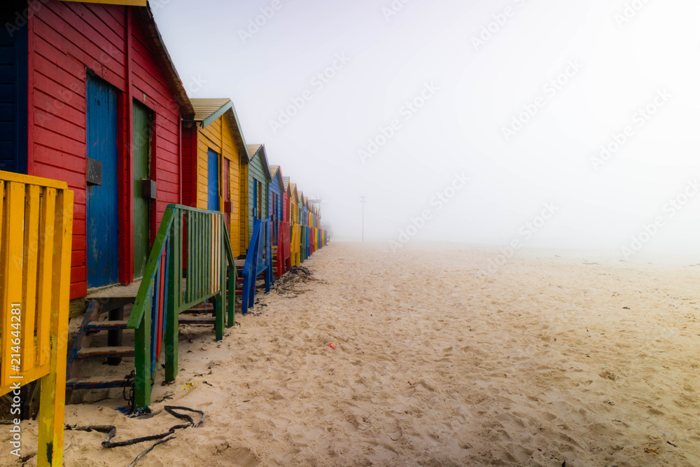 The iconic houses of Muizenberg on a foggy morning
