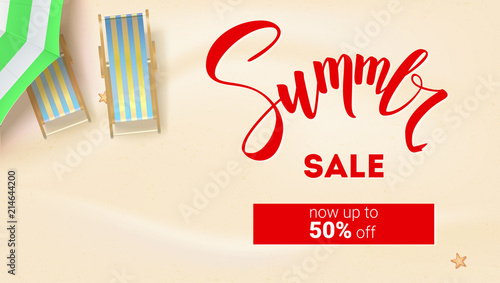 Summer sale. Get up fifty percent discount. Summer sandy beach with sun umbrella, deck chair, sea stars. Top view on vector 3D illustration for summer holidays on sunny beach in flat lay position