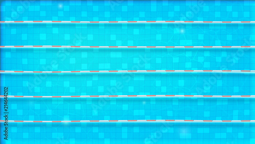 Paths for dip in the pool, top view. Texture of water in swimming pool, flat lay view. Reflexion on the water surface. Blue ripped water in Olympic sport object. Vector template for events, cover