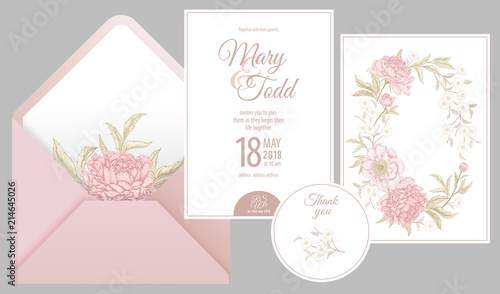 Invitations, thank you, rsvp templates cards and cover with flowers peonies.