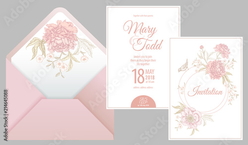 Invitations, thank you, rsvp templates cards and cover with flowers peonies.