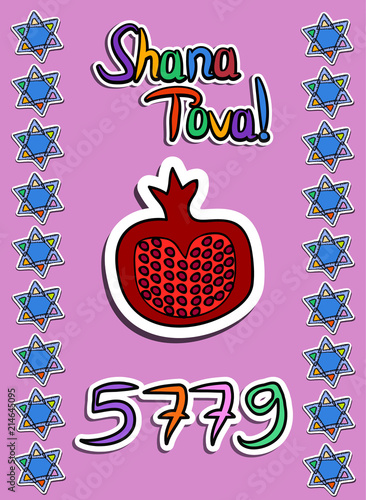 Greeting on Rosh Hashanah in paper style. Sticker. 5779. pomegranate star. Doodle. Hand draw. Vector illustration. photo