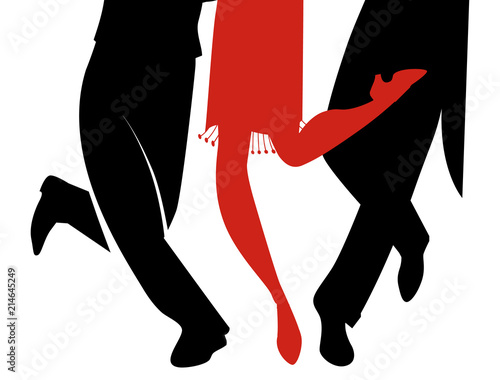 Legs of three people wearing retro dresses dancing Charleston on white background
