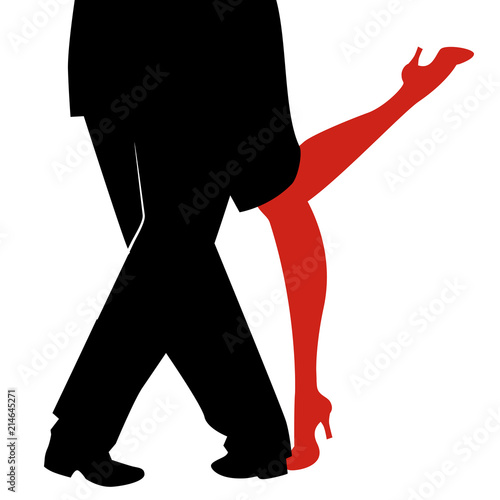 Legs of woman and man dancing tango on white background