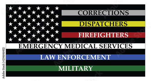 United states of America flag with colored lines represent corrections, dispatchers, firefigters, emergency medical services, law enforcement and military
