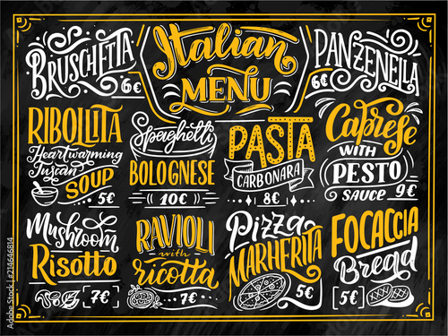 Italian food menu - names of dishes. Lettering phrases for your design, stylized drawing with chalk.
