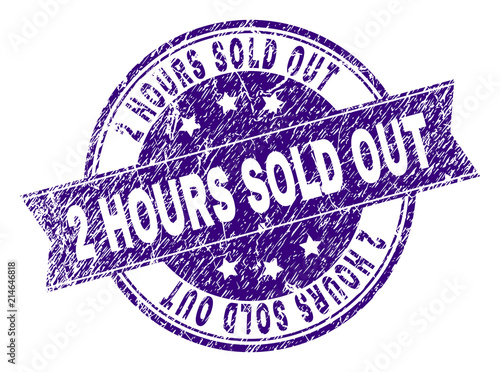 2 HOURS SOLD OUT stamp seal watermark with grunge texture. Designed with ribbon and circles. Violet vector rubber print of 2 HOURS SOLD OUT title with dirty texture.