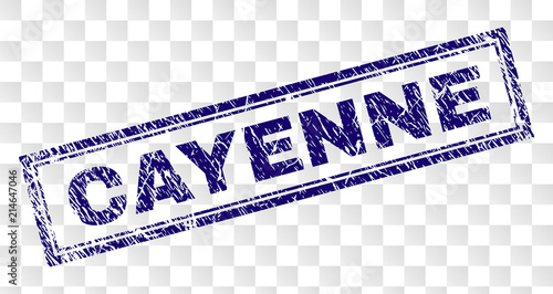 CAYENNE stamp seal print with rubber print style and double framed rectangle shape. Stamp is placed on a transparent background. Blue vector rubber print of CAYENNE tag with unclean texture.