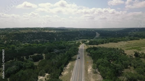 Drone video of a backroad in the Texas hill country.