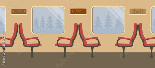 Interior of the train in brown colors. Places in the train car. There are red armchairs, windows, suitcases on the shelves in the picture. Outside the window are the trees. Vector image