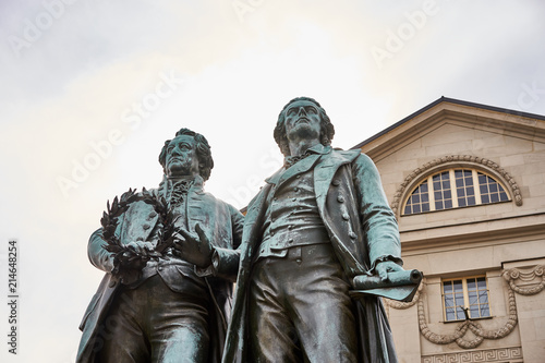 Famous sculpture of Goethe and Schiller in the city of Weimar in Germany / Most famous classical german authors / 18th century