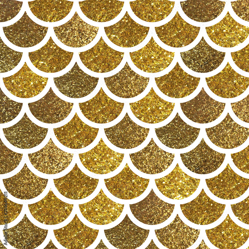 Mermaid scales. Golden glitter fish scales. Bright summer pattern with ...