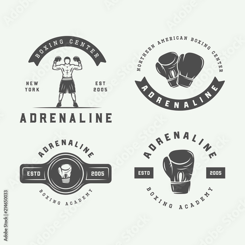 Set of vintage boxing and martial arts logo badges and labels in retro style. Monochrome graphic Art. Vector Illustration
