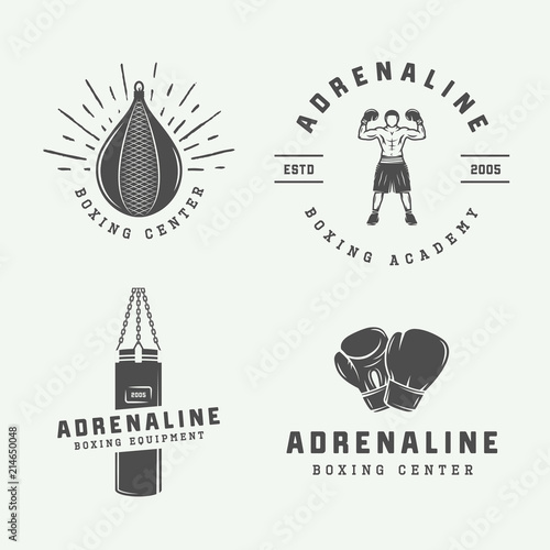 Set of vintage boxing and martial arts logo badges and labels in retro style. Monochrome graphic Art. Vector Illustration