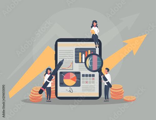 People do business, watch graphs and calculate profits. Vector illustration.