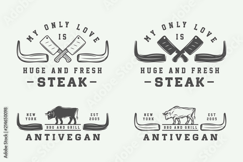 Set of vintage butchery meat, steak or bbq logos, emblems, badges, labels. Graphic Art. Illustration.