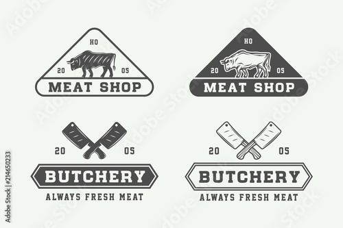 Set of vintage butchery meat, steak or bbq logos, emblems, badges, labels. Graphic Art. Vector Illustration.