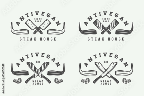 Set of vintage butchery meat, steak or bbq logos, emblems, badges, labels. Graphic Art. Illustration.