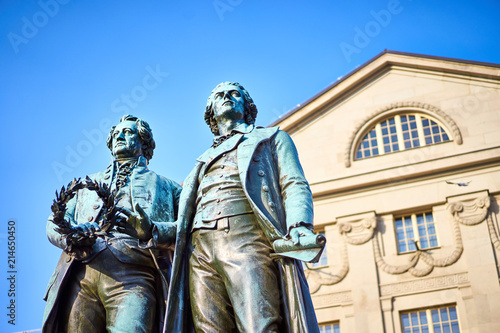 Famous sculpture of Goethe and Schiller in the city of Weimar in Germany / Most famous classical german authors / 18th century