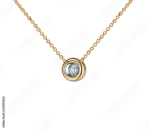 Yellow gold pendant with huge diamond, round shape, golden chain, isolated on white