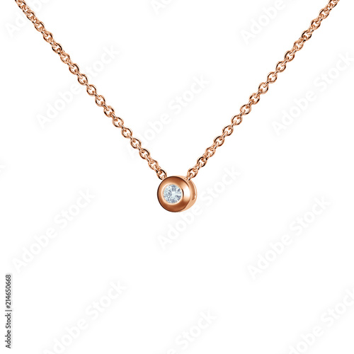 Rose gold pendant with huge diamond, round shape, golden chain, isolated on white