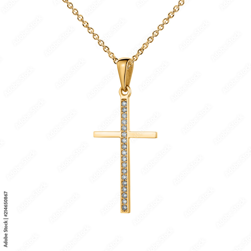 Yellow gold cross, pendant with diamonds, golden chain, isolated on white Yellow gold cross, pendant with diamonds, golden chain, isolated on white