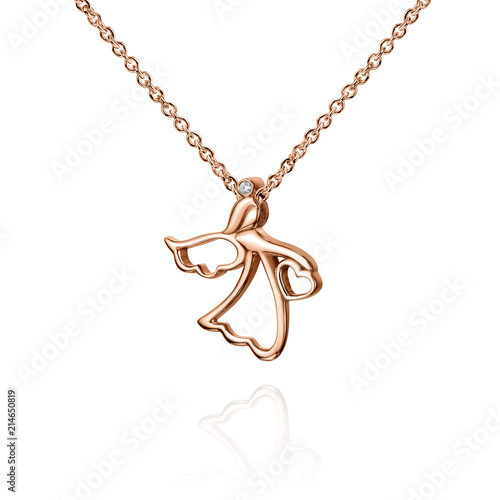 Jewelry golden pendant with diamond, angel with wings, golden chain, rose gold, isolated on white