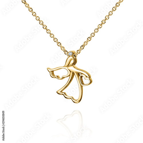 Jewelry golden pendant with diamond, angel with wings, golden chain, yellow gold, isolated on white 
