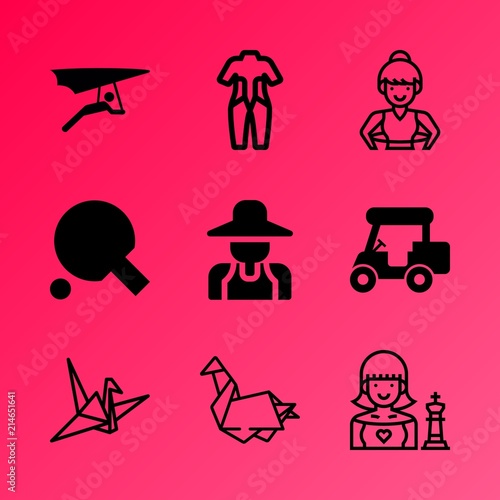 Vector icon set about hobby with 9 icons related to equipment, guy, parachute, surf, terrace, australia, shape, outdoor, leisure and drive