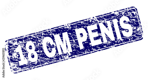 18 CM PENIS stamp seal watermark with grunge texture. Seal shape is a rounded rectangle with frame. Blue vector rubber print of 18 CM PENIS title with unclean texture.