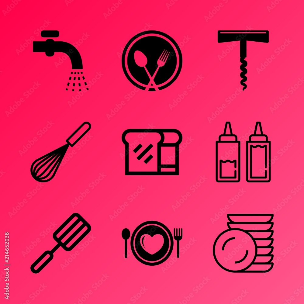Vector icon set about kitchen with 9 icons related to splashing, bake, filling, wood, serving, kitchenware, valentine, coffee, water and pork Vector icon set about kitchen with 9 icons related to splashing, bake, filling, wood, serving, kitchenware, valentine, coffee, water and pork