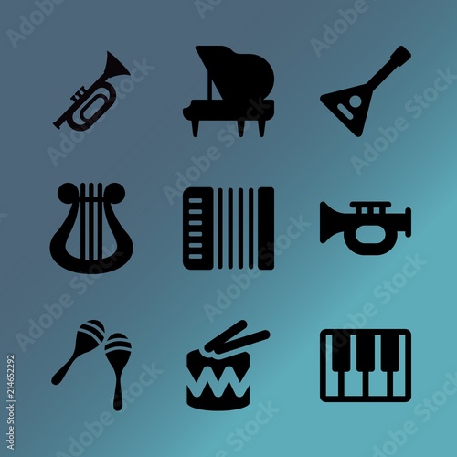 Vector icon set about music instruments with 9 icons related to concept, abstract, musical, tune, music keys, drum, isolated, song, beautiful and artistic