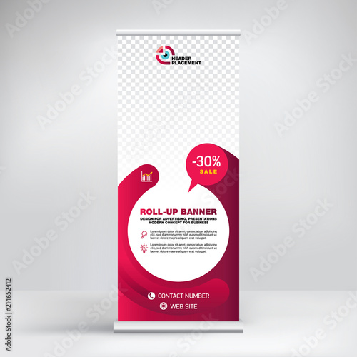 Roll-up design, modern graphic style, banner for advertising goods and services, stand for exhibitions, presentations, conferences, seminars. Abstract red background for posting photos and text.