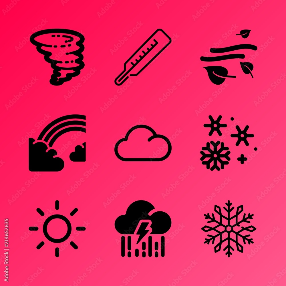 Vector icon set about weather with 9 icons related to heat, cloudscape, dangerous, meadow, feminine, instrument, decorative, beauty, ice and falling