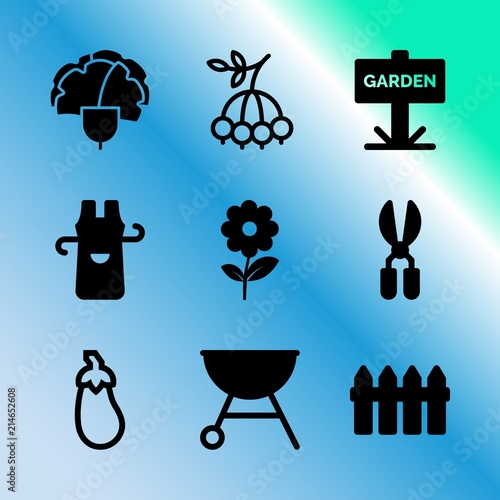 Vector icon set about gardening with 9 icons related to hedge, beauty, cut out, juicy, color, summer, romantic, coupon, blue and garden