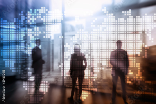 Wallpaper Mural Double exposure world map on skyscraper background. Communication and global business concept. Torontodigital.ca