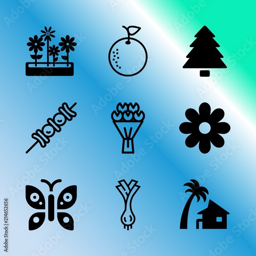 Vector icon set about gardening with 9 icons related to juice, smoke, flavoring, decor, california, raw, wallpaper, backdrop, hot and american
