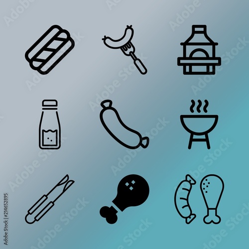 Vector icon set about barbecue with 9 icons related to mayo, yellow, outdoor, condiment, drumstick, cooking, braai, tongs, preparation and roasted